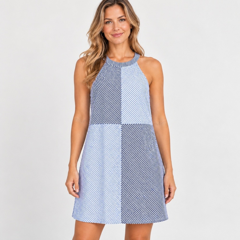 Vineyard Vines Seersucker Dress Women M Blue White Stripe Halter Coastal Italy